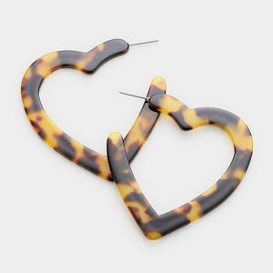 Brown Tortoise Heart Shape Hoop Earrings Shell Statement Jewelry Accessory
